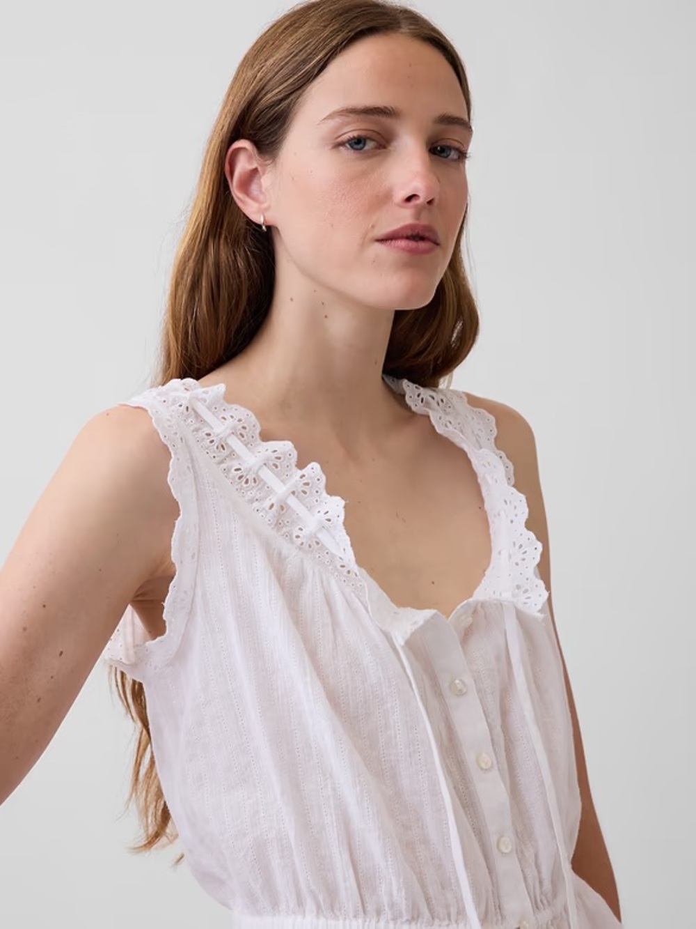 GAP White Eyelet-Trim Sleeveless Button-Front Top